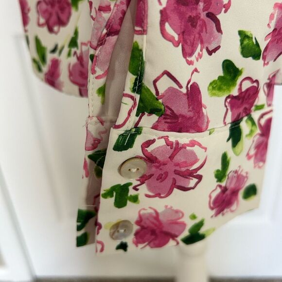 Zara Women’s Floral White with Vibrant Pink Button Down Top Blouse Size Large - Picture 7 of 15